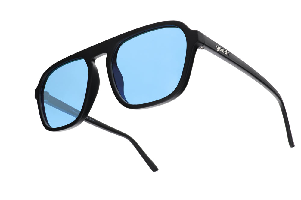 Goodr Retro G sunglasses Undercover Stunt Double in classic black square aviator frames with blue non-reflective lenses, combining retro style with all-day comfort