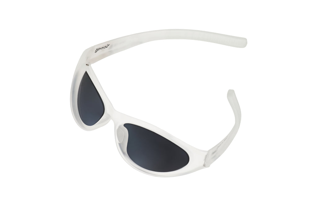 Angled rear view of goodr BugG Cleared for Takeoff sunglasses with lightweight transparent frame, dark polarized lenses, and no-bounce, no-slip technology.
