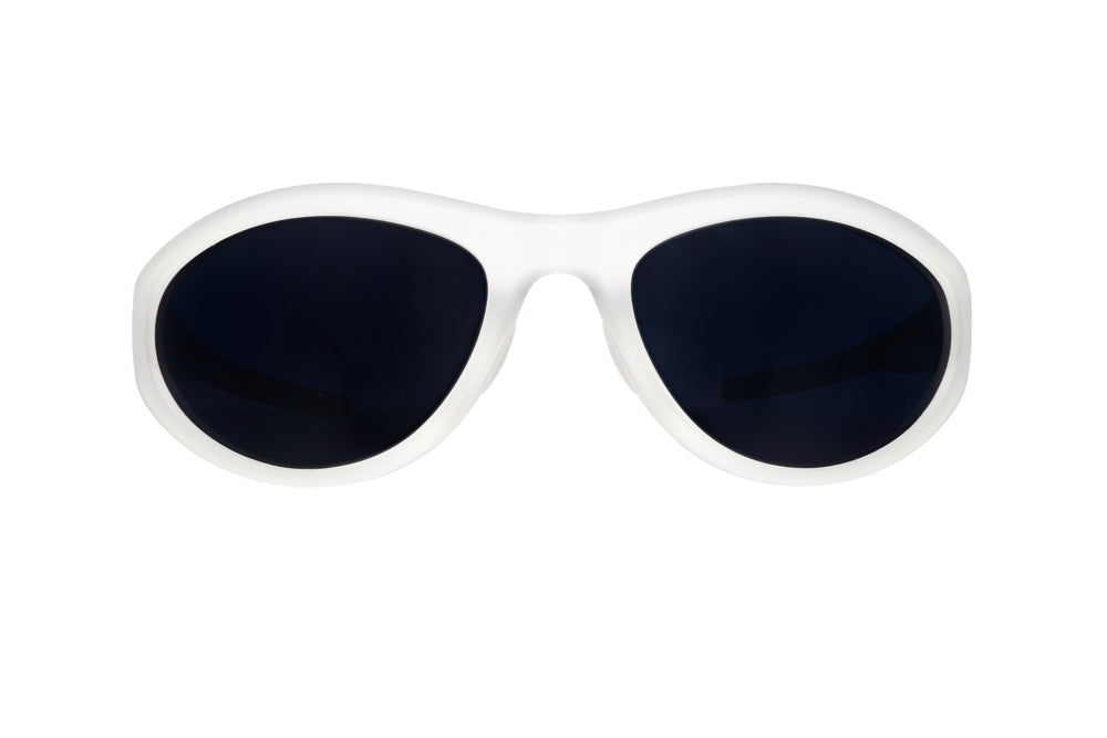 Front view of goodr BugG Cleared for Takeoff sunglasses with oval black lenses and a futuristic transparent frame built for no slip, no bounce comfort.