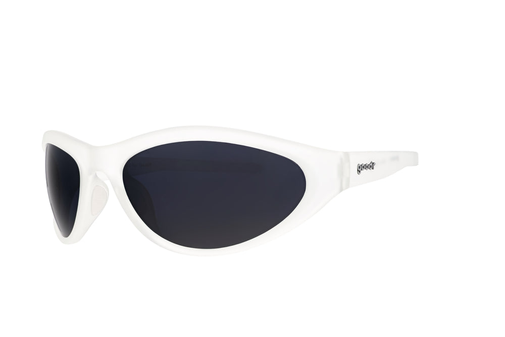 Side-front angle of goodr BugG Cleared for Takeoff sunglasses showing sleek clear frames, polarized dark lenses, and sport-ready no-slip, no-bounce performance.