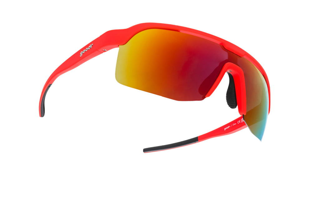Goodr BOLT Dante’s Shin Split Inferno red running sunglasses with polarized lenses, lightweight wraparound frame, and no-slip grip for high-intensity athletic performance.