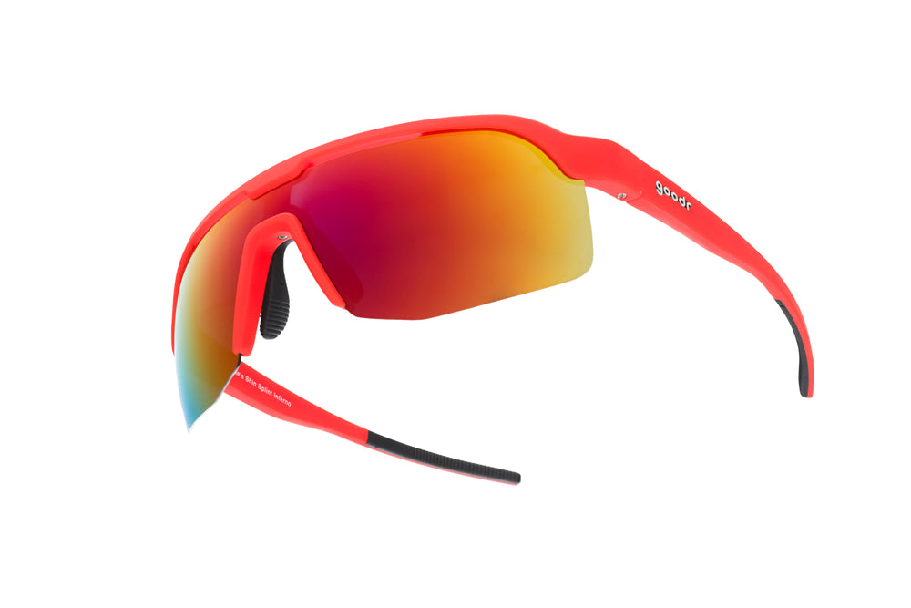 Goodr BOLT Dante’s Shin Split Inferno red running sunglasses with polarized lenses, lightweight wraparound frame, and no-slip grip for high-intensity athletic performance.