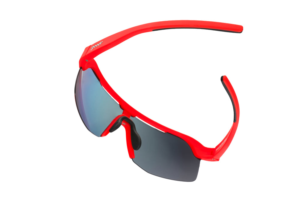 Goodr BOLT Dante’s Shin Split Inferno red running sunglasses with polarized lenses, lightweight wraparound frame, and no-slip grip for high-intensity athletic performance.