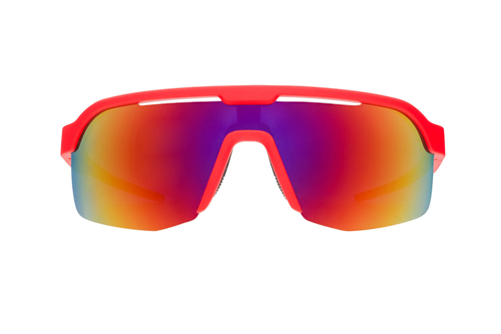 Goodr BOLT Dante’s Shin Split Inferno red running sunglasses with polarized lenses, lightweight wraparound frame, and no-slip grip for high-intensity athletic performance.