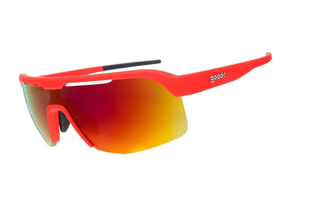 Goodr BOLT Dante’s Shin Split Inferno red running sunglasses with polarized lenses, lightweight wraparound frame, and no-slip grip for high-intensity athletic performance.