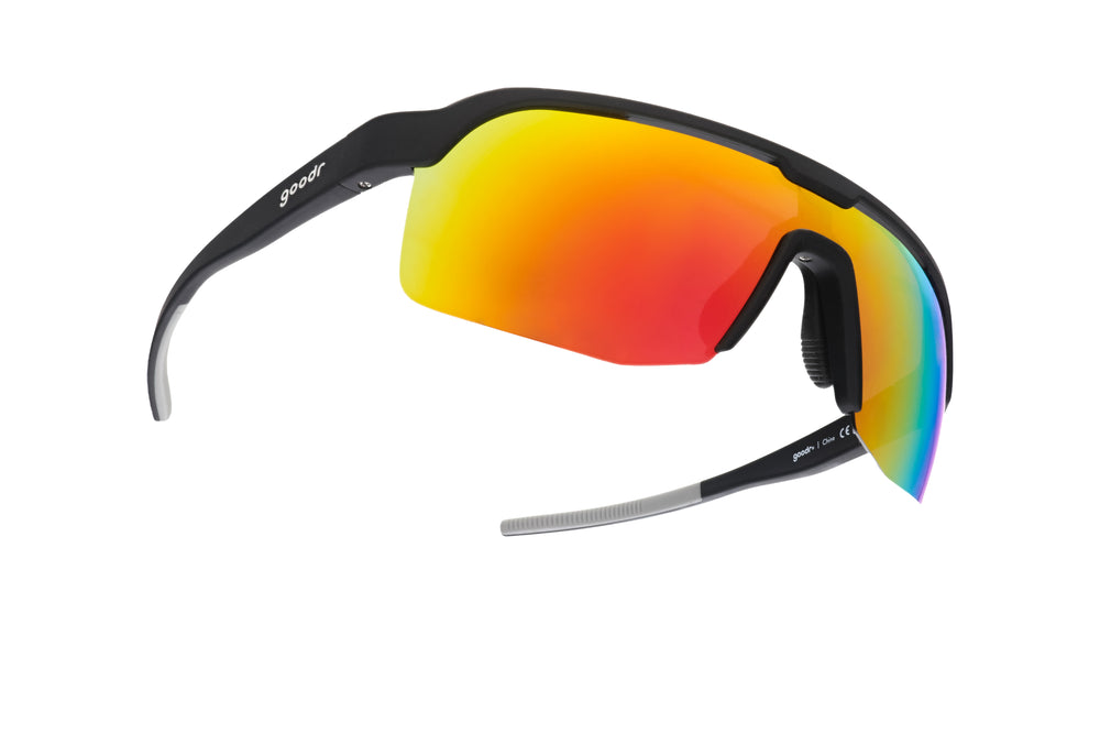 Goodr BOLT Do It For The Victory Dance black polarized performance sunglasses with wraparound no-slip frame, built for running, cycling, and race-day celebrations.