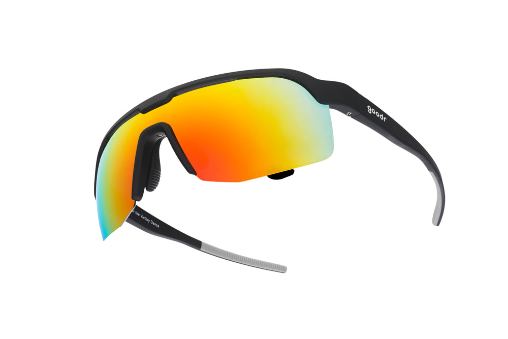 Goodr BOLT Do It For The Victory Dance black polarized performance sunglasses with wraparound no-slip frame, built for running, cycling, and race-day celebrations.
