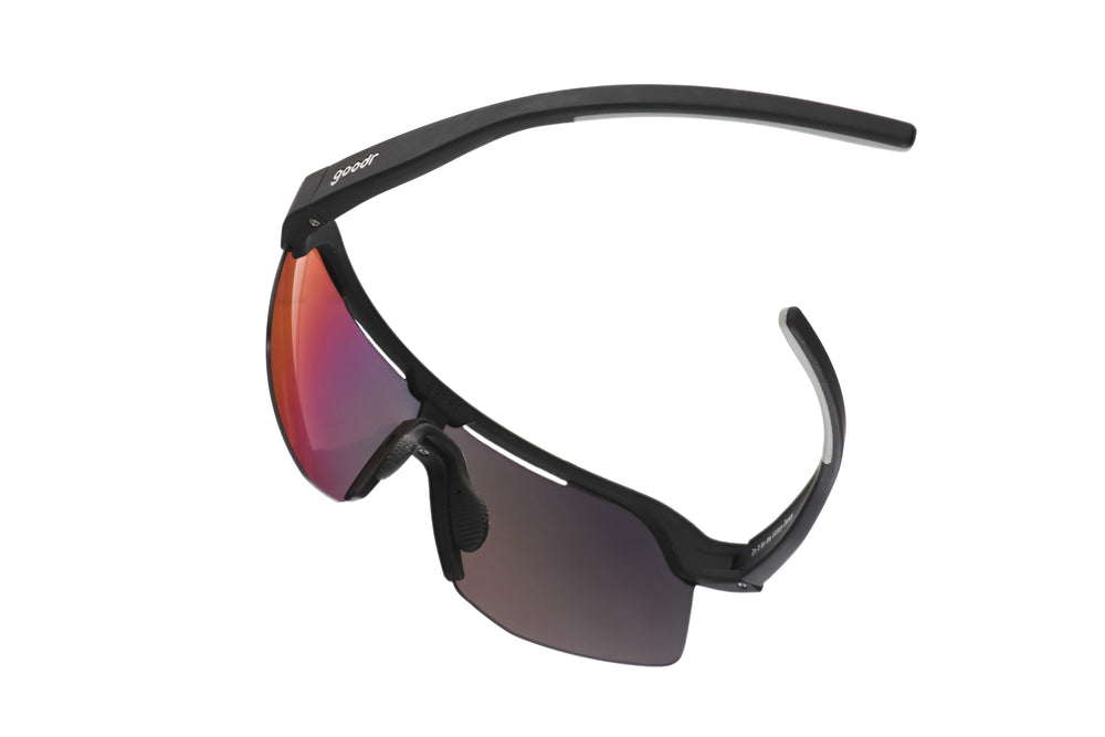 Goodr BOLT Do It For The Victory Dance black polarized performance sunglasses with wraparound no-slip frame, built for running, cycling, and race-day celebrations.