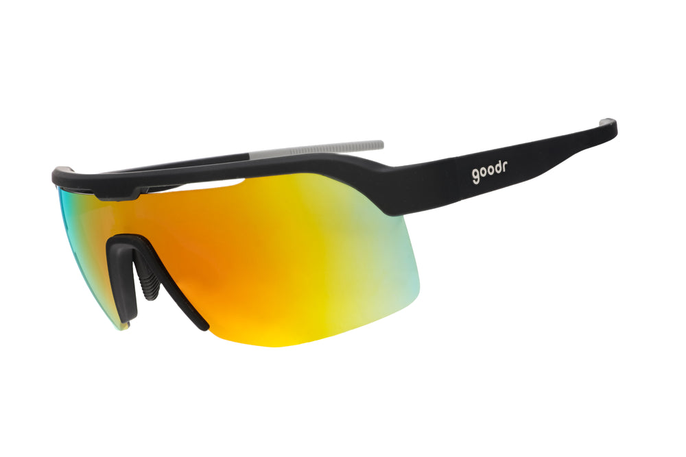 Goodr BOLT Do It For The Victory Dance black polarized performance sunglasses with wraparound no-slip frame, built for running, cycling, and race-day celebrations.
