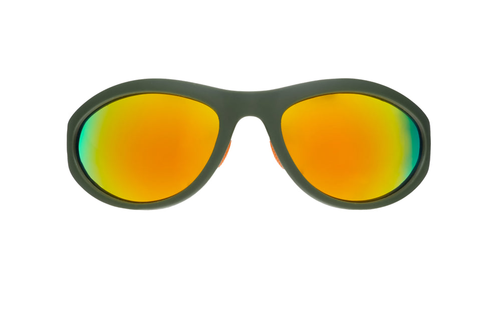 goodr Bug G Grass Stain Hall of Fame sunglasses with green wrap-around frame and amber mirrored lenses, designed with no-slip, no-bounce performance for sports and active lifestyles.