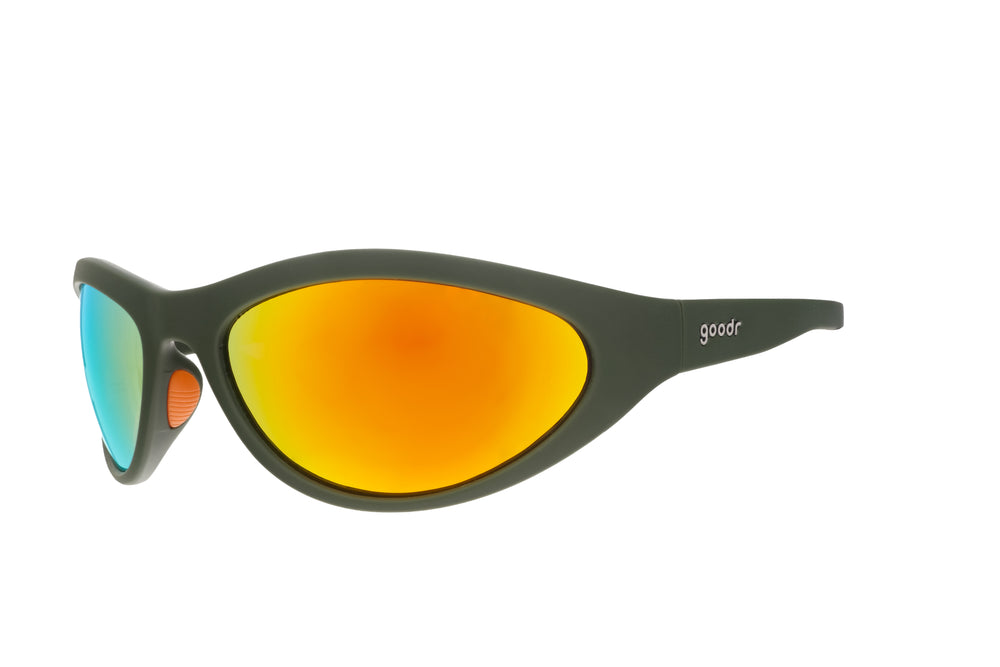 goodr Bug G Grass Stain Hall of Fame sunglasses with green wrap-around frame and amber mirrored lenses, designed with no-slip, no-bounce performance for sports and active lifestyles.