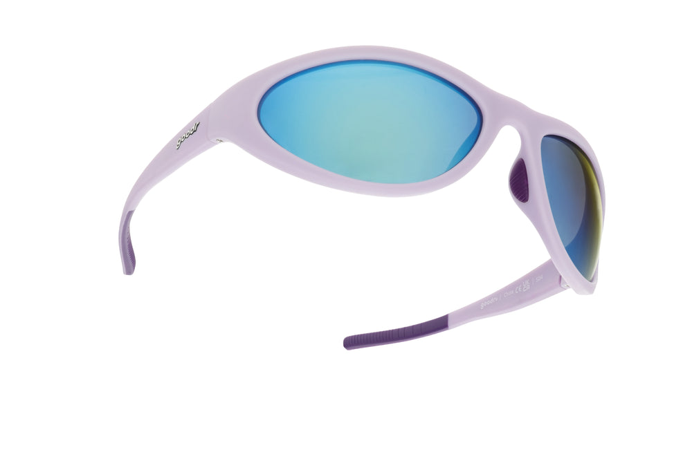 Angled side view of goodr BugG In My Periwinkle Prime sunglasses featuring a periwinkle purple frame and reflective blue-green lenses.
