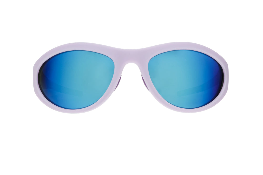 Front view of goodr BugG sunglasses in In My Periwinkle Prime — oval mirrored lenses set in a glossy lavender performance frame.