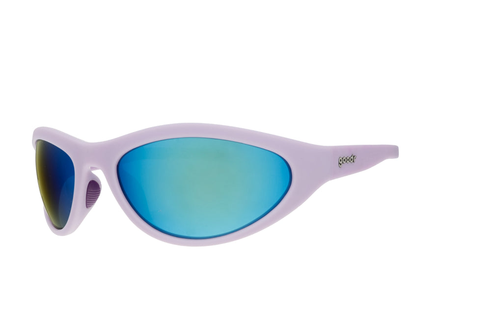 Close-up side profile of goodr BugG wraparound sunglasses with mirrored lenses and pastel purple frame, style: In My Periwinkle Prime.