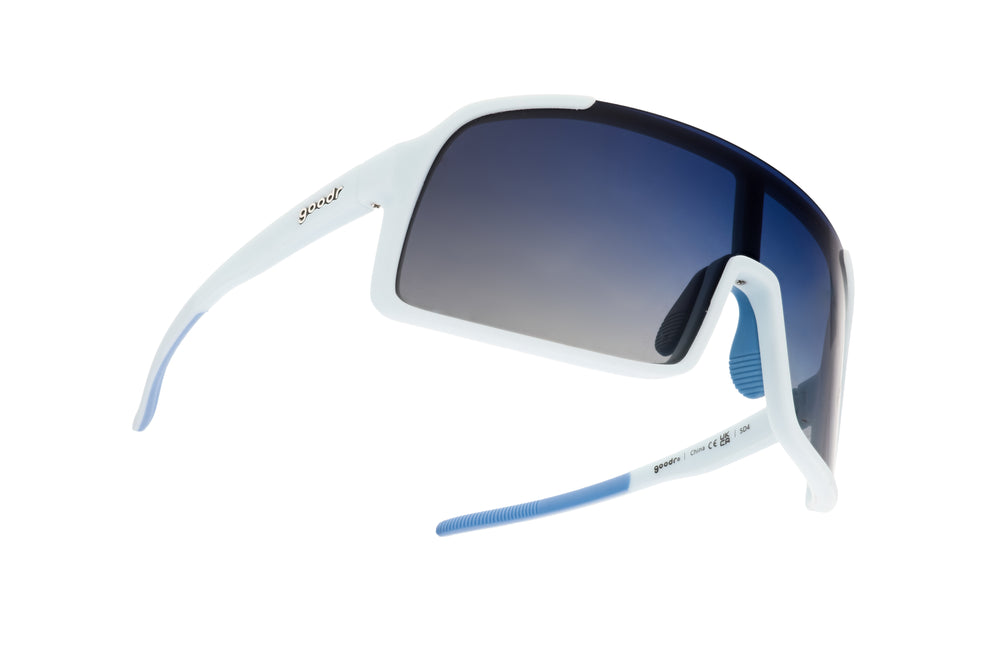 Goodr Shield Astro G sunglasses Kidnapped by a Cyborg edition featuring a blue frame and gradient lenses, ideal for active lifestyles and casual fashion.