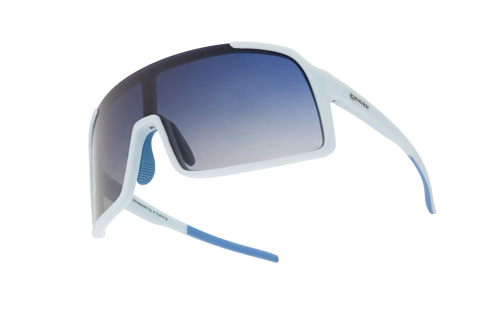 Goodr Shield Astro G sunglasses Kidnapped by a Cyborg edition featuring a blue frame and gradient lenses, ideal for active lifestyles and casual fashion."