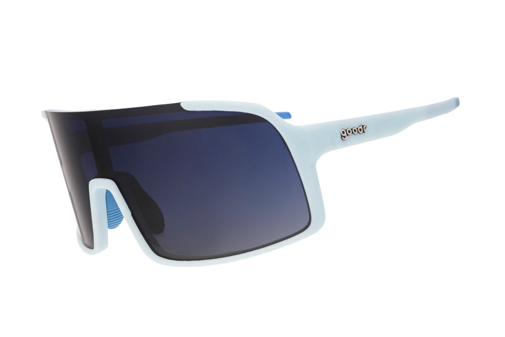 Goodr Shield Astro G sunglasses Kidnapped by a Cyborg edition featuring a blue frame and gradient lenses, ideal for active lifestyles and casual fashion.