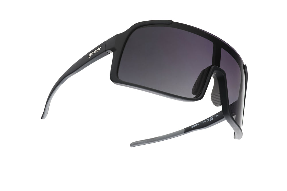 Goodr Shield Astro G sunglasses My Sweat has an Octane Ring style with black frame and black gradient lenses, designed for maximum performance and sleek look
