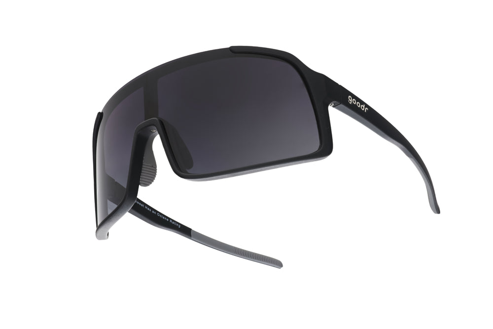 Goodr Shield Astro G sunglasses My Sweat has an Octane Ring style with black frame and black gradient lenses, designed for maximum performance and sleek look