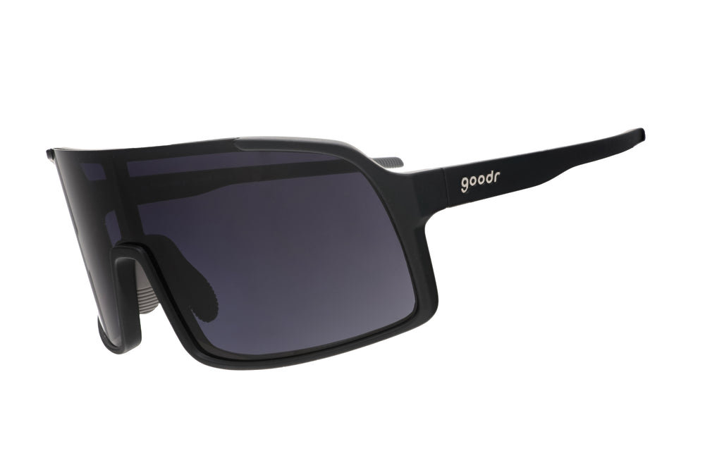 Goodr Shield Astro G sunglasses My Sweat has an Octane Ring style with black frame and black gradient lenses, designed for maximum performance and sleek look
