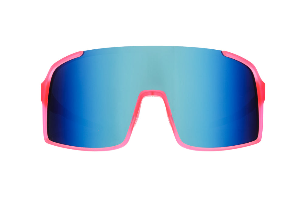 Goodr Shield Astro G sunglasses in Ready the Confetti Canon style with pink frame and blue gradient lenses, perfect for sporty and stylish outdoor wear.