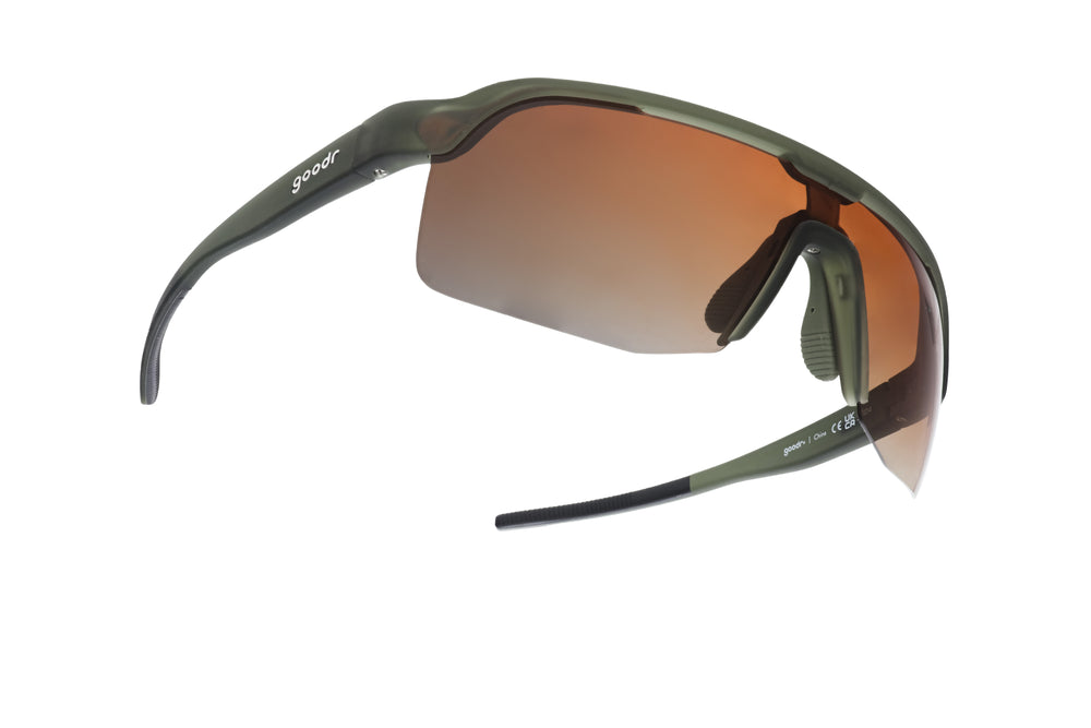 Goodr BOLT The Jungle is My Gym green polarized running sunglasses with no-slip wraparound frame, designed for outdoor athletic training and high-speed movement.