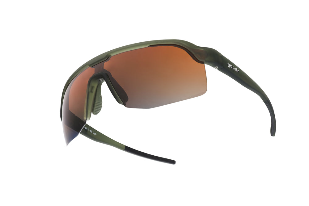 Goodr BOLT The Jungle is My Gym green polarized running sunglasses with no-slip wraparound frame, designed for outdoor athletic training and high-speed movement.