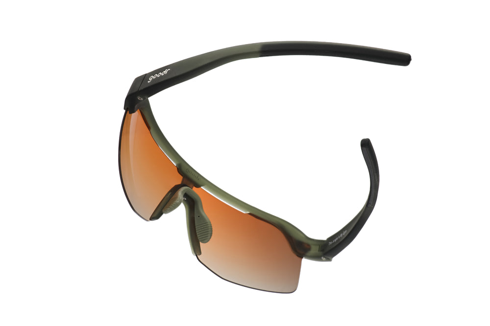 Goodr BOLT The Jungle is My Gym green polarized running sunglasses with no-slip wraparound frame, designed for outdoor athletic training and high-speed movement.