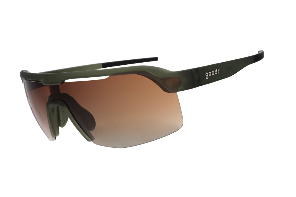 Goodr BOLT The Jungle is My Gym green polarized running sunglasses with no-slip wraparound frame, designed for outdoor athletic training and high-speed movement.
