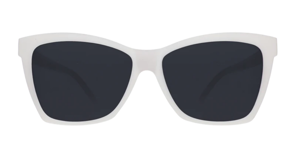 Goodr Pop G sunglasses The Mod One Out featuring white angular frames with black non-reflective lenses, perfect for sporty and trendy outdoor wear