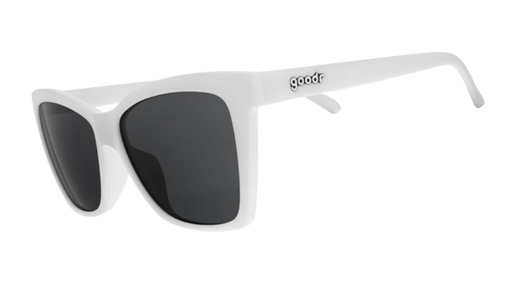 Goodr Pop G sunglasses The Mod One Out featuring white angular frames with black non-reflective lenses, perfect for sporty and trendy outdoor wear
