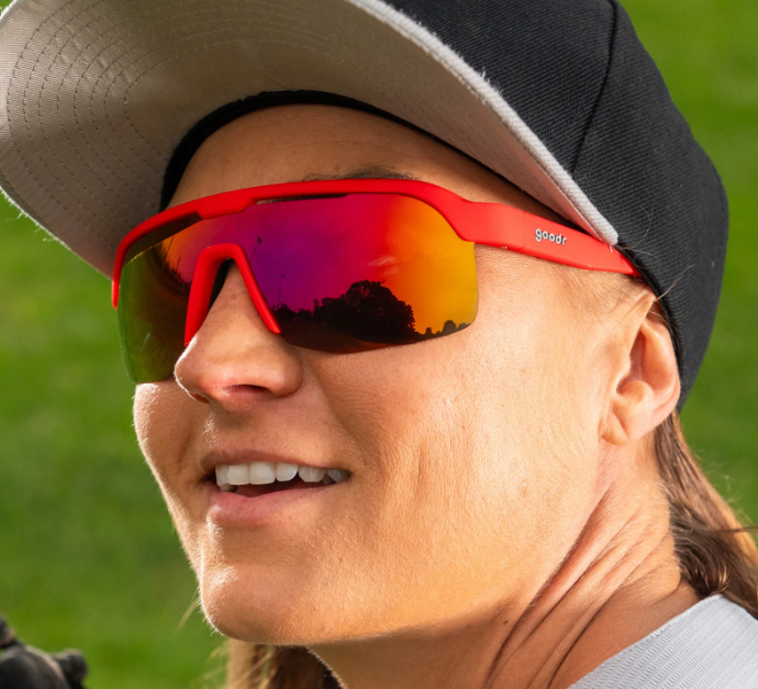 Goodr BOLT Dante’s Shin Split Inferno red running sunglasses with polarized lenses, lightweight wraparound frame, and no-slip grip for high-intensity athletic performance.