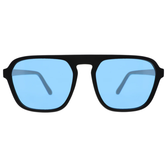 Goodr Retro G sunglasses Undercover Stunt Double in classic black square aviator frames with blue non-reflective lenses, combining retro style with all-day comfort