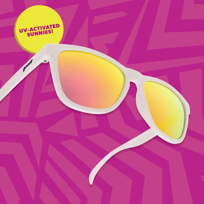 Goodr OG Limited Edition Neon is My Neutral UV-activated running sunglasses with polarized lenses and white frame, designed for athletic use.