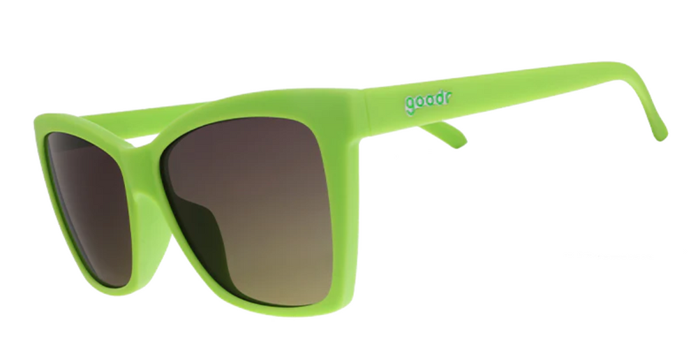 Goodr Pop G sunglasses Born To Be Envied model in eye-catching lime green frames with black lenses, lightweight and stylish performance shades