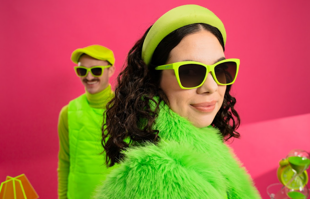 Goodr Pop G sunglasses Born To Be Envied model in eye-catching lime green frames with black lenses, lightweight and stylish performance shades
