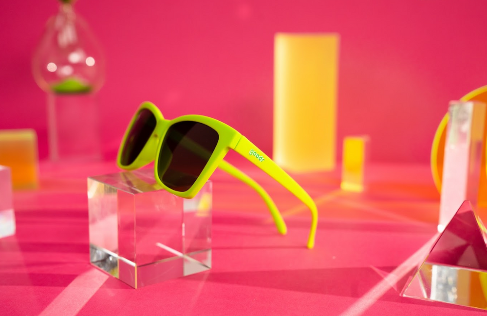 Goodr Pop G sunglasses Born To Be Envied model in eye-catching lime green frames with black lenses, lightweight and stylish performance shades