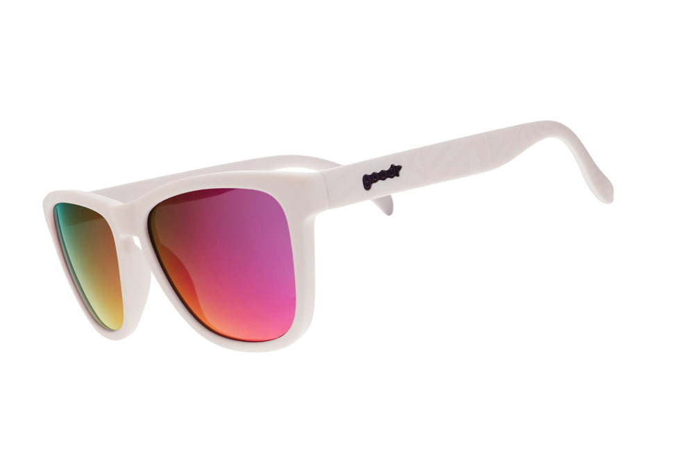 Goodr OG Limited Edition Neon is My Neutral UV-activated running sunglasses with polarized lenses and white frame, designed for athletic use.