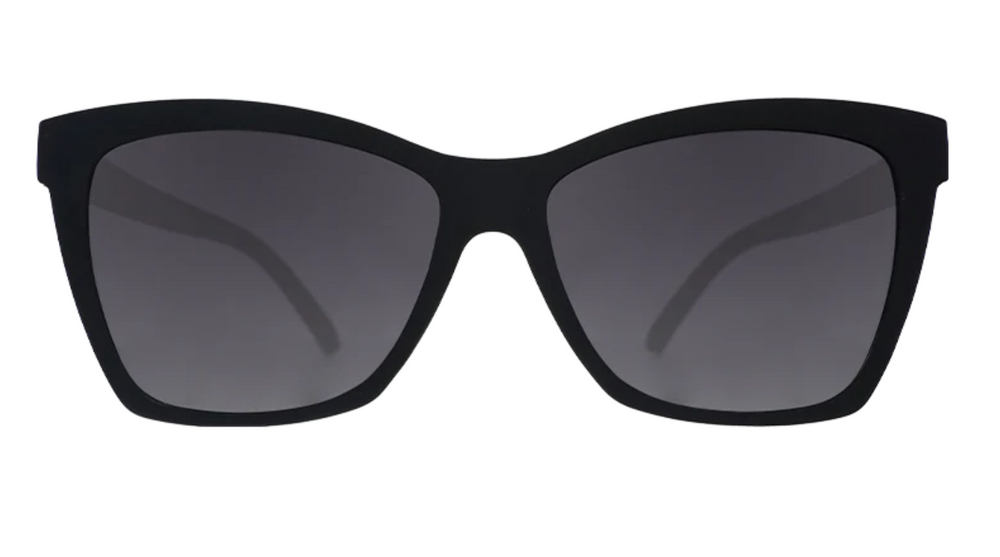 Goodr Pop G sunglasses NEW WAVE RENEGADE with edgy black frames and black lenses, fashion-forward and durable running sunglasses