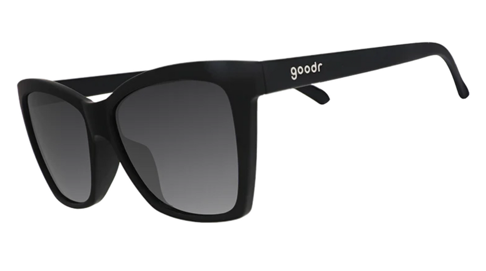 Goodr Pop G sunglasses NEW WAVE RENEGADE with edgy black frames and black lenses, fashion-forward and durable running sunglasses