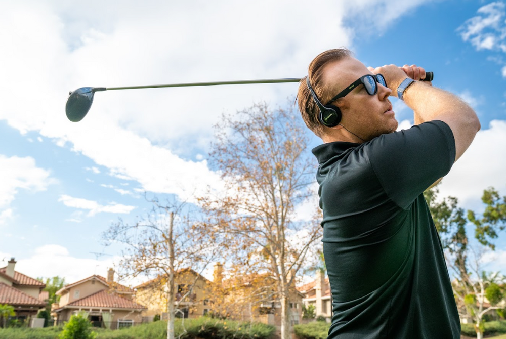 goodr BFG golf sunglasses Hooked on Onyx model with all-black frame and polarized lenses, no slip no bounce fit, designed for bigger noggins and glare-free visibility on the golf course.