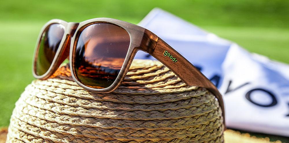 goodr BFG running sunglasses Just Knock It On! model with wooden-like frame, no slip no bounce fit, and all polarized lenses, designed specifically for bigger noggins and comfortable running