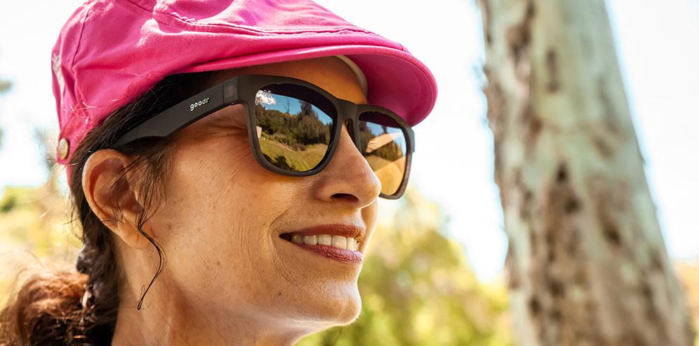 goodr BFG running sunglasses Just Knock It On! model with wooden-like frame, no slip no bounce fit, and all polarized lenses, designed specifically for bigger noggins and comfortable running