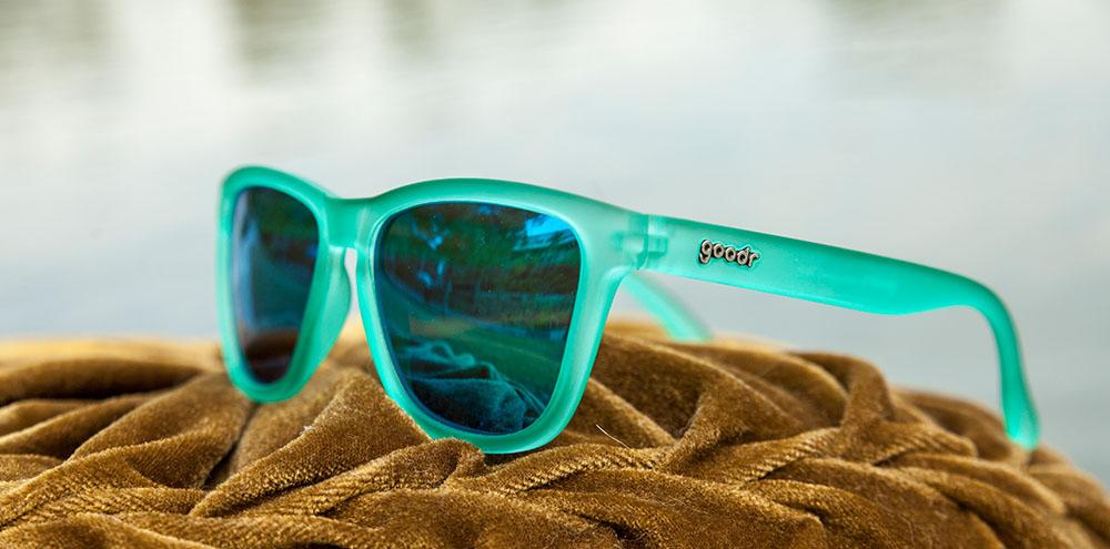 goodr OG running sunglasses Nessy’s Midnight Orgy model with light green frame and lenses, no slip no bounce fit, and all polarized lenses, designed for comfortable running and outdoor sports