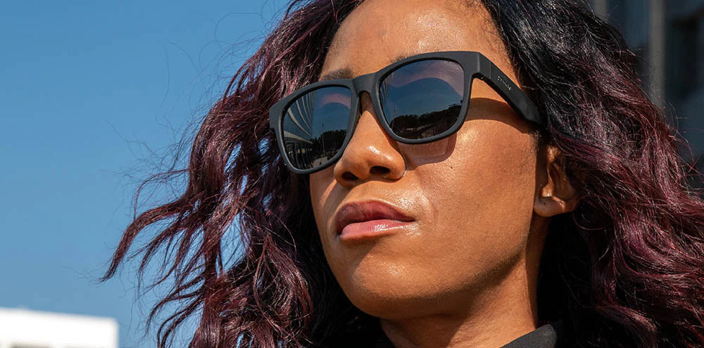 goodr BFG running sunglasses Hooked on Onyx model with all-black frame and lenses, no slip no bounce fit, and all polarized lenses, designed for bigger noggins and optimal running comfort.