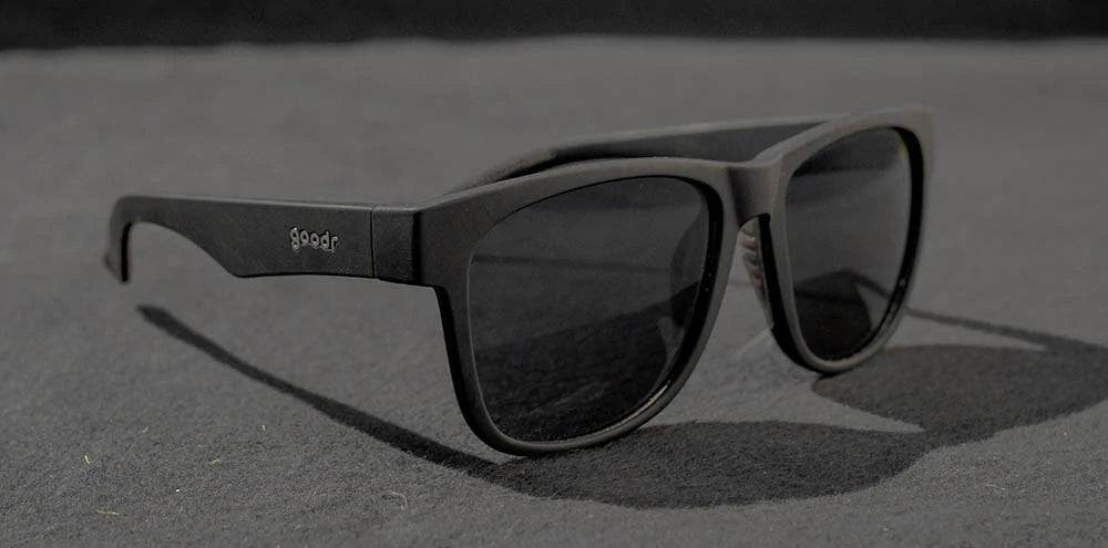 goodr BFG running sunglasses Hooked on Onyx model with all-black frame and lenses, no slip no bounce fit, and all polarized lenses, designed for bigger noggins and optimal running comfort.
