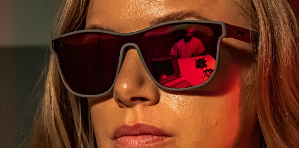 goodr VRG polarized sunglasses VOIGHT-KAMPFF VISION model with futuristic wraparound design, no slip no bounce fit, and all polarized lenses—engineered for running and high-performance activities with bold sci-fi style