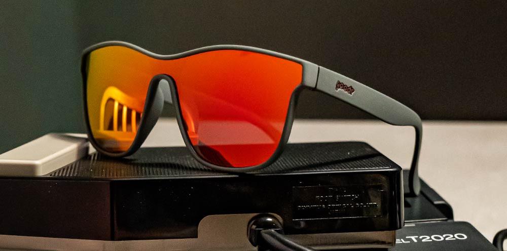 goodr VRG polarized sunglasses VOIGHT-KAMPFF VISION model with futuristic wraparound design, no slip no bounce fit, and all polarized lenses—engineered for running and high-performance activities with bold sci-fi style