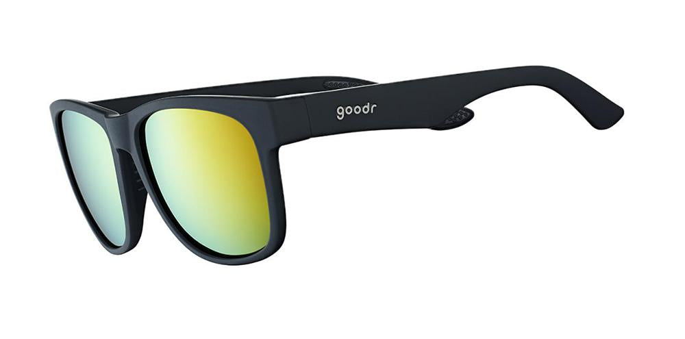 BFG running sunglasses Beelzebub’s Bourbon Burpees model with black frame and amber polarized lenses, no slip no bounce fit designed for bigger heads and comfortable outdoor running.