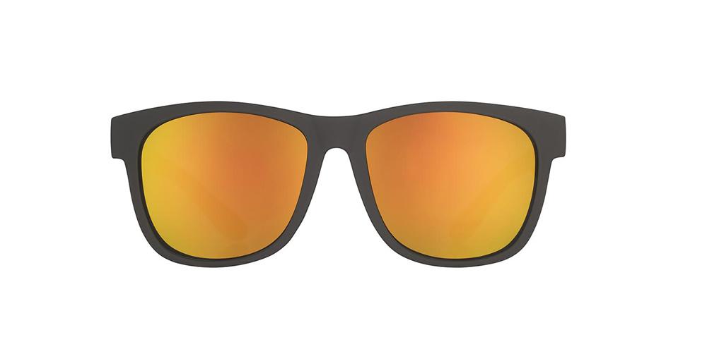 BFG running sunglasses Beelzebub’s Bourbon Burpees model with black frame and amber polarized lenses, no slip no bounce fit designed for bigger heads and comfortable outdoor running.